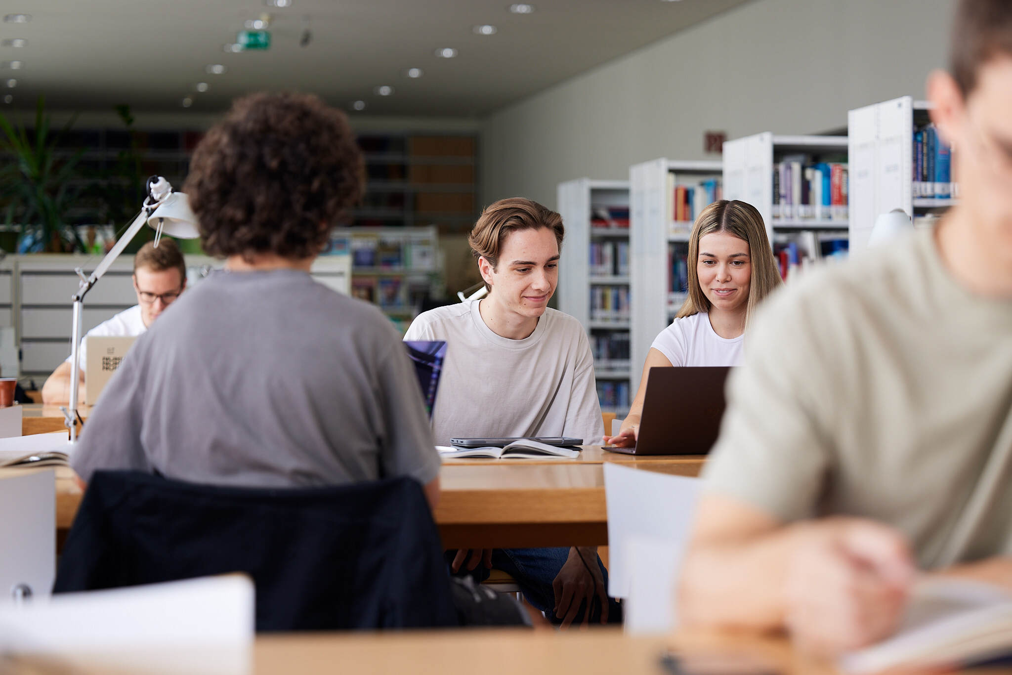 zwei junge Studenten liegen im Fokus während sie in ihren Laptop schauen in der Bibliothek der FH Hagenberg, während um beide herum die anderen Studenten unscharf sind.