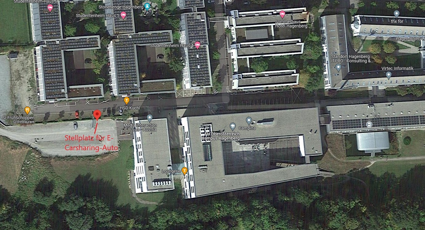 Der Campus Hagenberg aus der Vogelperspektive auf dem die Position des Stellplatzes für das Carsharing-Angebot eingezeichnet ist