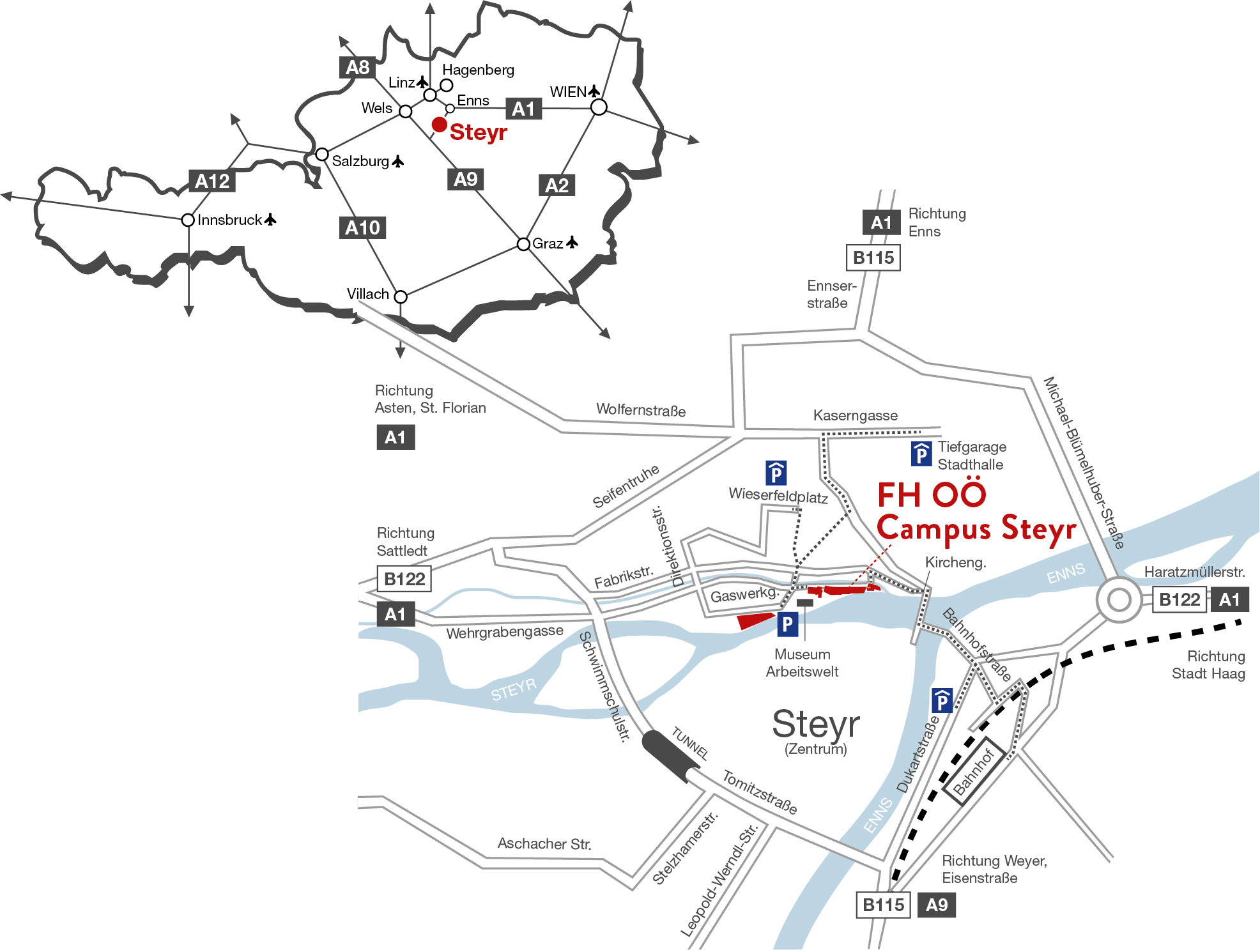 Zwei Karten. Die Obere ist eine Österreichkarte auf der die wichtigsten Städte eingezeichnet sind und Steyr noch einmal besonders hervorgehoben ist. Darunter ist eine Stadtkarte von Steyr mit eingezeichneten Tiefgaragen.