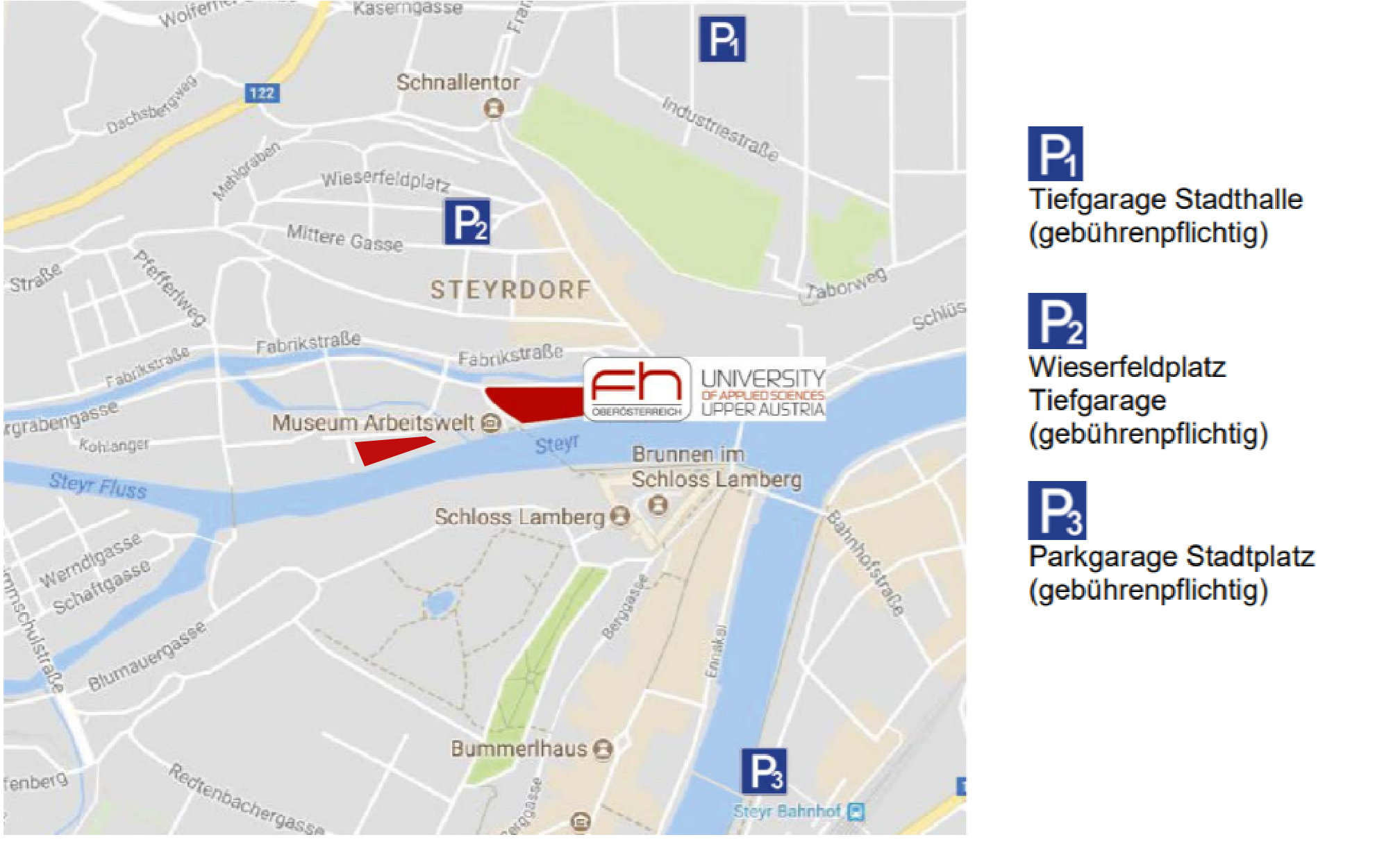 Eine Karte der Stadt Steyr auf der die möglichen Parkplätze sowie Tiefgaragen eingezeichnet sind.