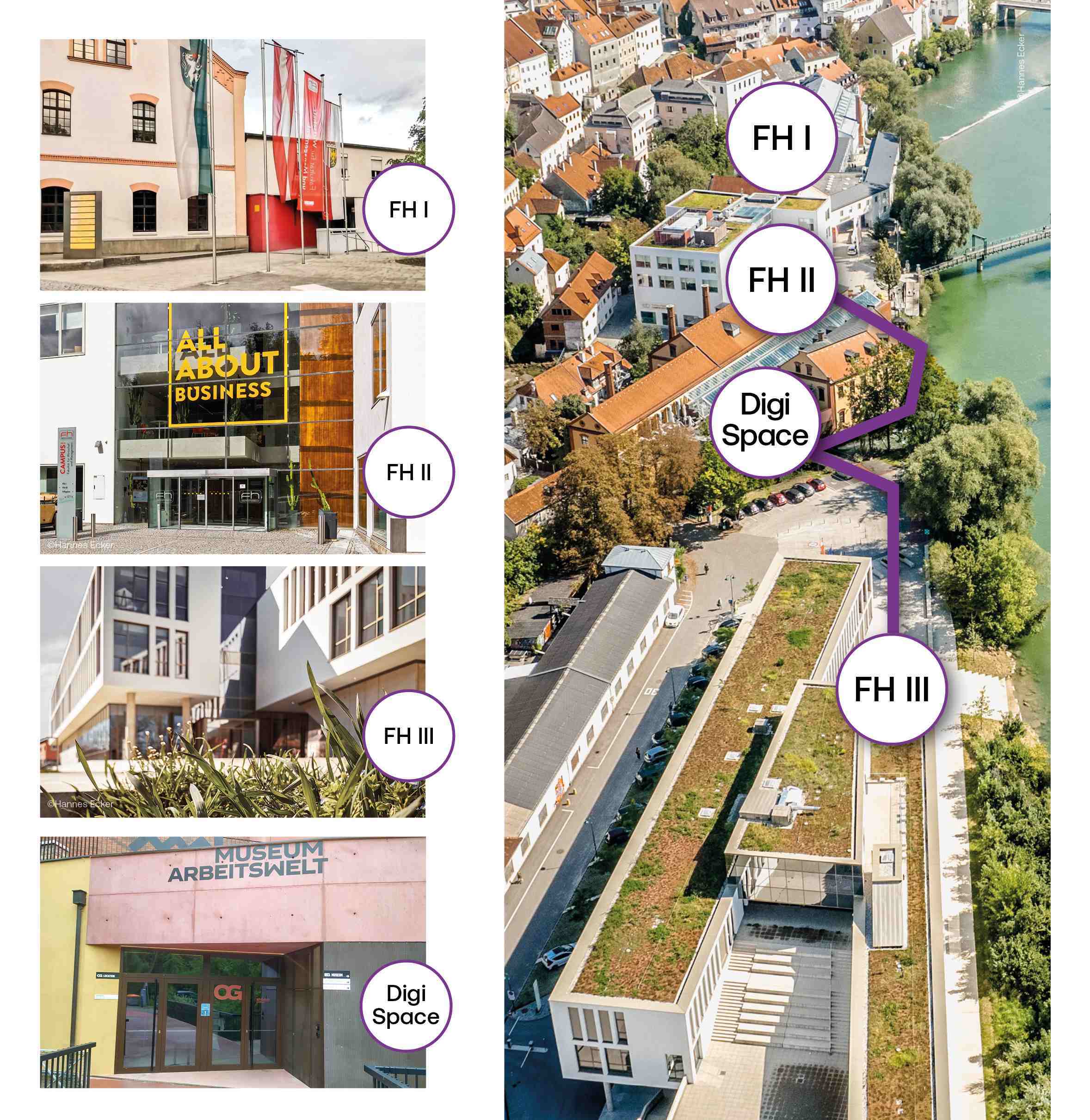 Illustration of an overview map of the Steyr campus with marked buildings and areas.