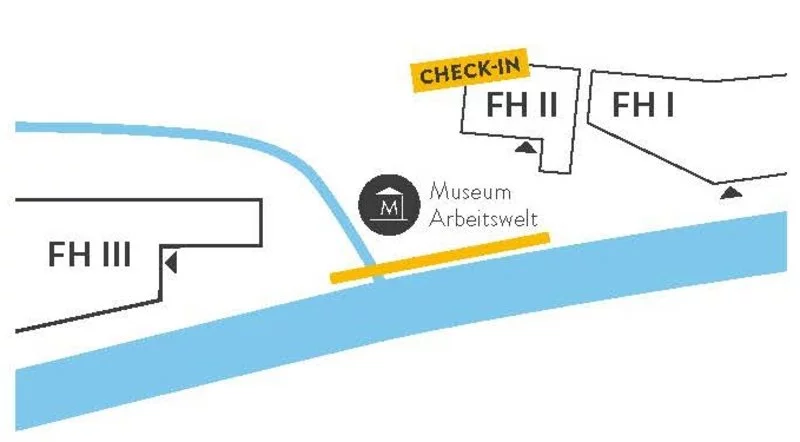 Grafik mit einer Kurzbeschreibung zur Anreise am Infotag der FH OÖ, mit markiertem Check-in-Bereich beim FH2-Gebäude am Campus Steyr