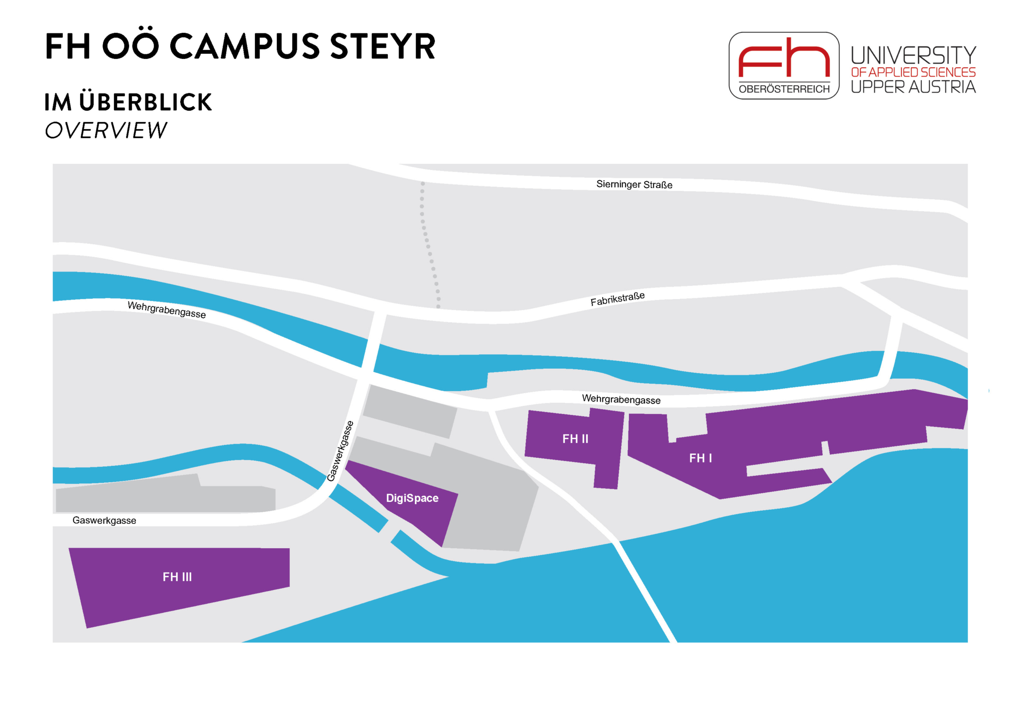 Fotografische Übersicht des FH OÖ Campus Steyr, auf der die einzelnen Gebäude der Fachhochschule lila hervorgehoben sind.