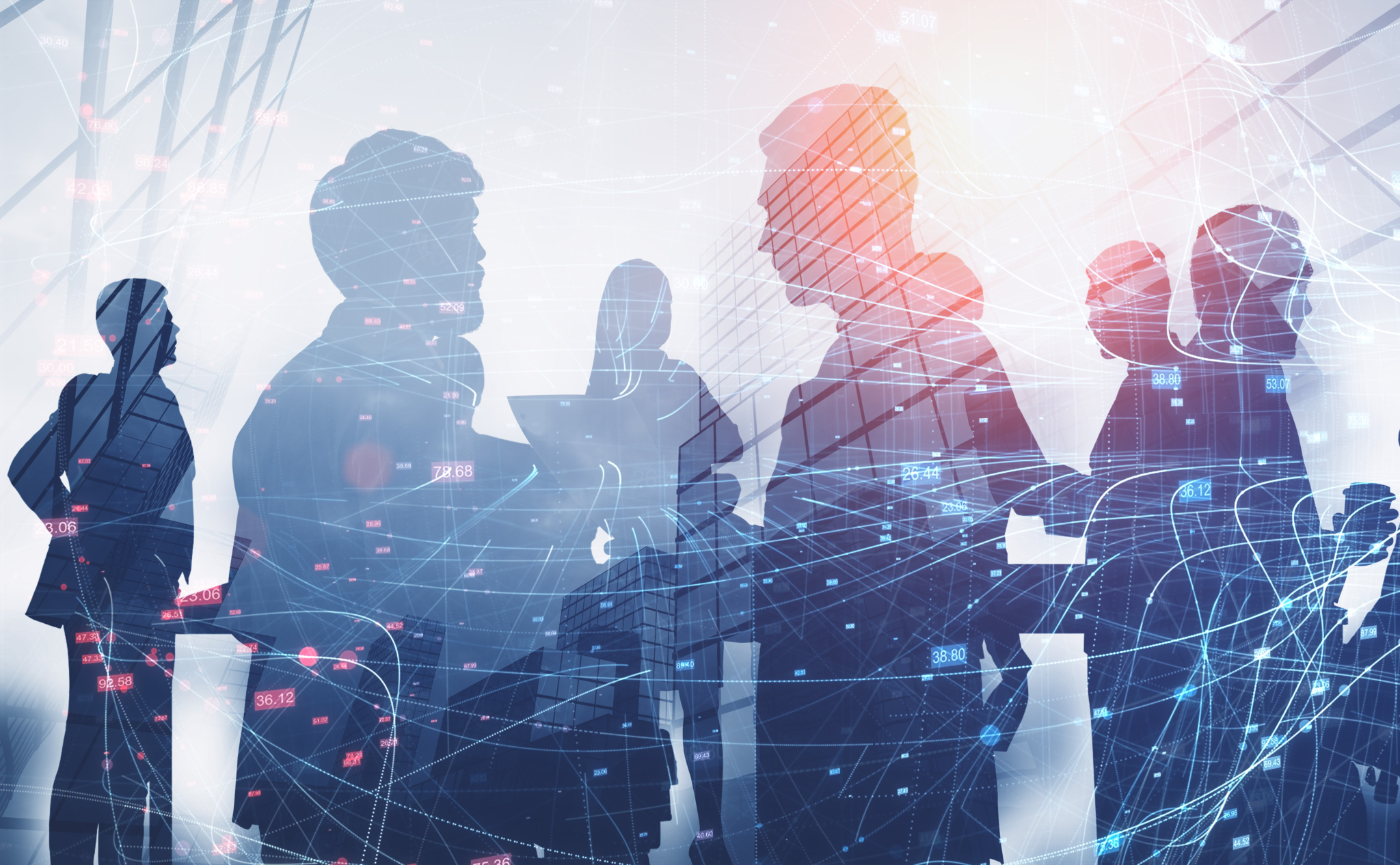 Im Hintergrund sind die Silhouetten von Geschäftsleuten in einem digitalen Netzwerkumfeld zu sehen, im Vordergrund befinden sich die Logos des DBX Digital Business Instituts und der FH Oberösterreich