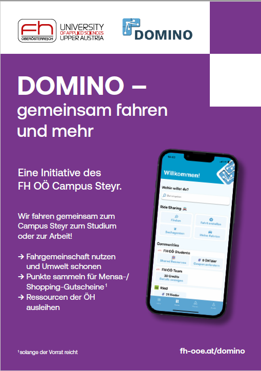 Foto eines Flyers der Domino App „Gemeinsam fahren“. Der Flyer zeigt ein Bild der App auf einem Smartphone und enthält eine Beschreibung der Funktionen und Ziele der App, die es Nutzern ermöglicht, Fahrgemeinschaften zu bilden