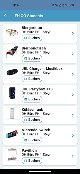 Screenshot der Domino-Mitfahr-App, auf dem die Shared Ressourcen angezeigt werden. Unter den verfügbaren Ressourcen sind eine Musikbox, ein Pavillon, Kühlschränke und weitere Gegenstände aufgeführt.
