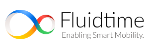 Logo des Partners der Domino-Mitfahr-App, Fluidtime, begleitet von dem Slogan „Enabling Smart Mobility“. Das Logo besteht aus modernen, klaren Schriftzügen