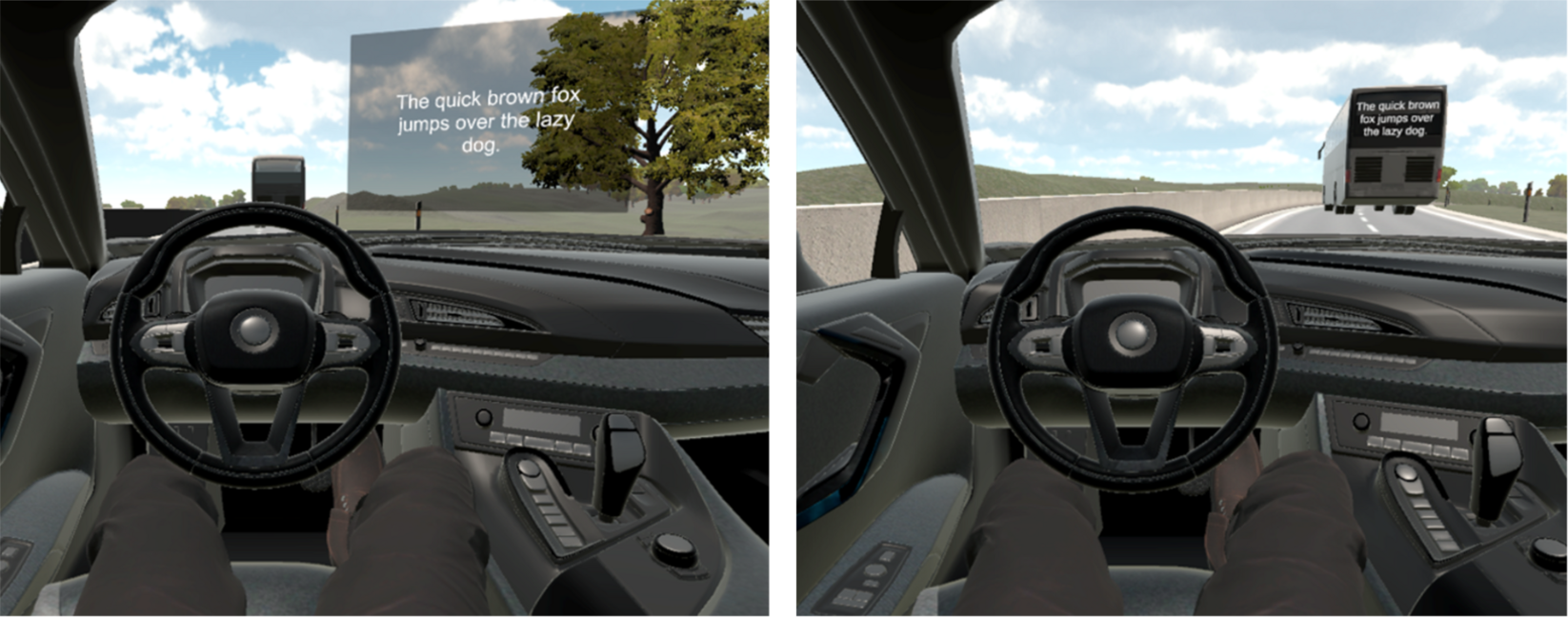 Zwei Szenarien einer Textanzeige mit Hilfe von Augmented Reality: Auf der Windschutzscheibe oder virtuell auf der Rückseite eines LKWs