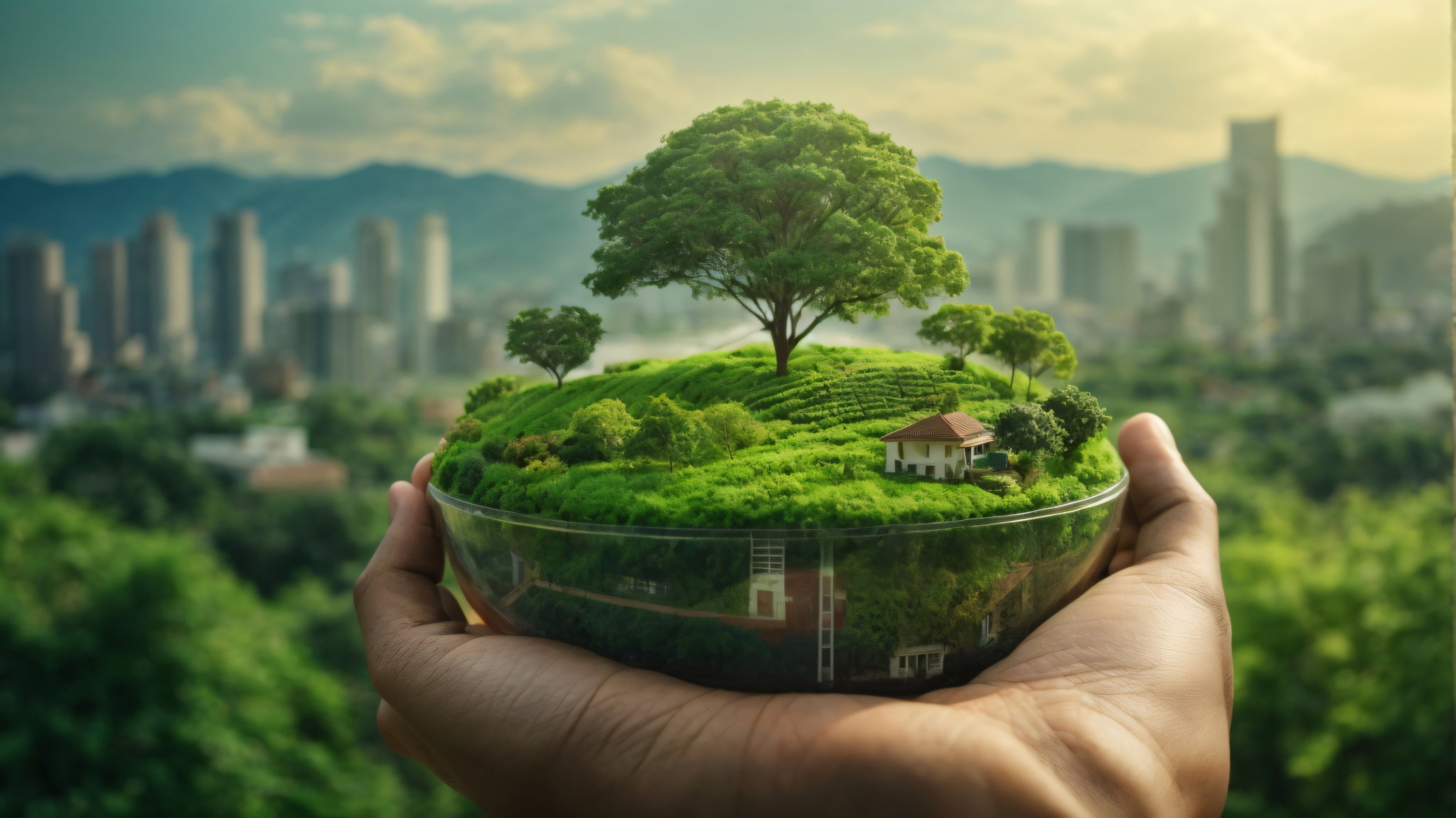 Eine Hand hält eine gläserne Halbkugel in der Hand. In dieser befindet sich eine grüne Landschaft mit Bäumen, Sträuchern und einem kleinen Haus. Im Hintergrund ist eine verschwommene Stadtansicht mit Hochhäusern und Hügeln zu sehen.