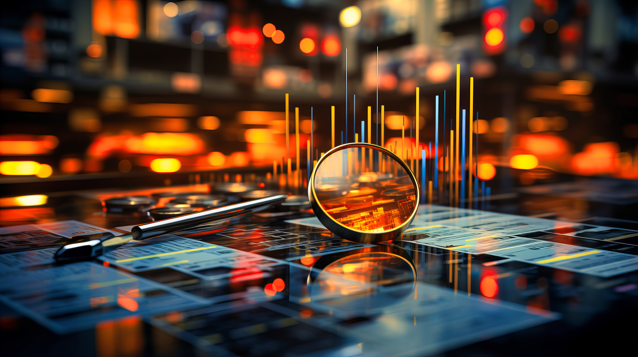 Symbolische Darstellung einer Datenanalyse: Ein Vergrößerungsglas liegt auf ausgebreiteten Dokumenten mit digitalen Informationen. Im Hintergrund sind bunte Balkendiagramme, die Datenauswertung visualisieren.