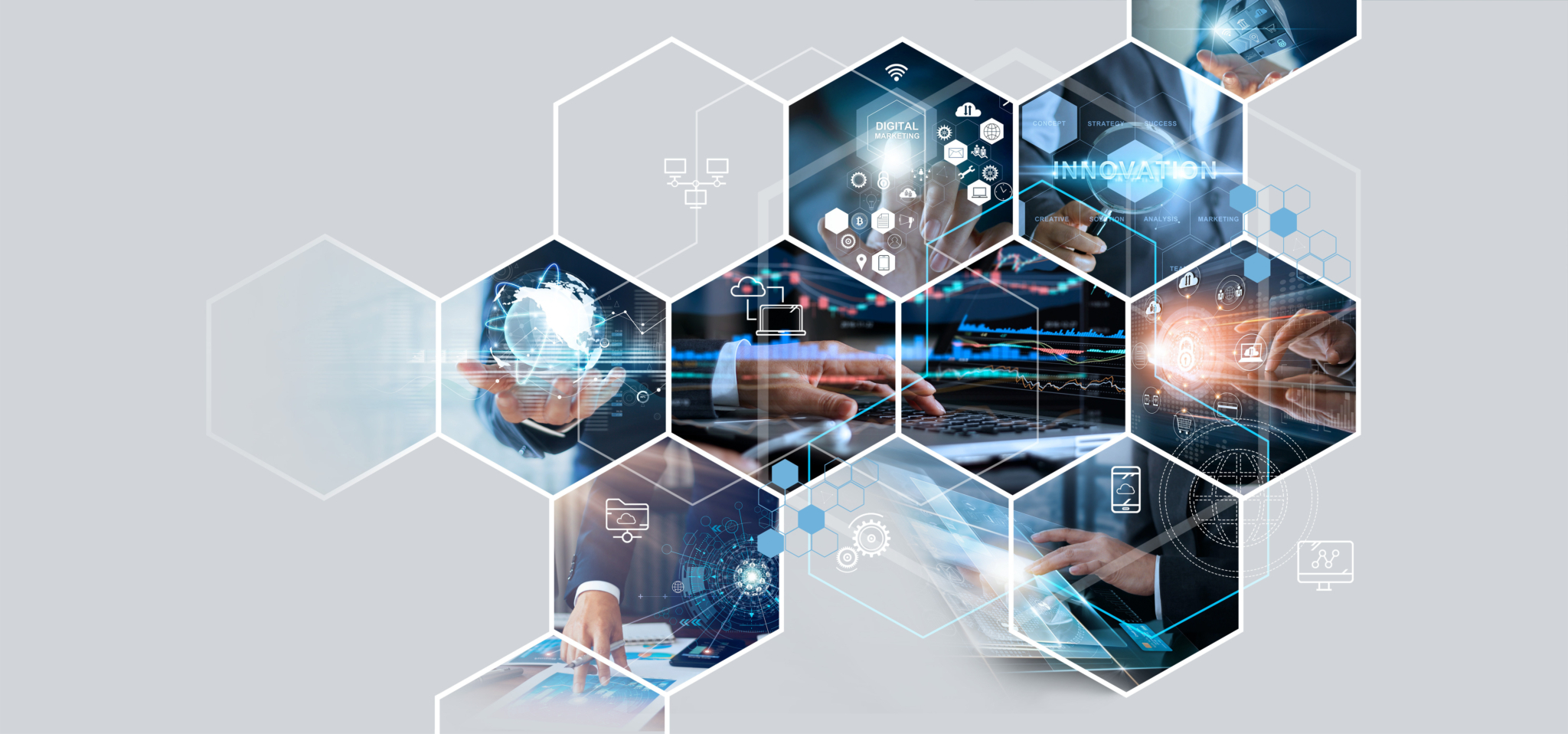 Collage aus sechseckigen Bildausschnitten, die digitale Technologien und Business-Themen zeigen. Abgebildet sind unter anderem Hände, die Tablets und Laptops bedienen, ein leuchtender Globus, Symbole für Cloud-Computing, Sicherheit, Innovation und Datenanalyse