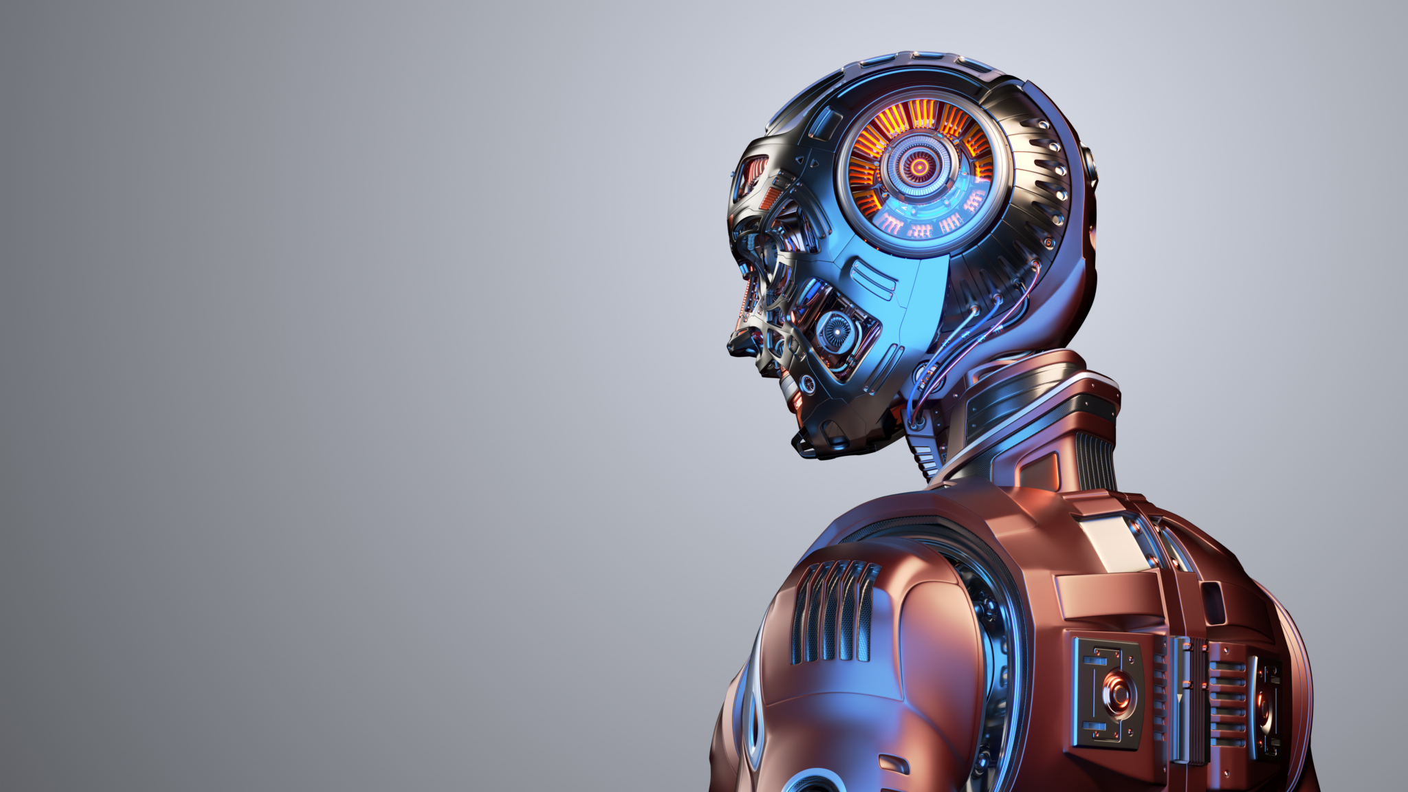 Futuristischer Robotermann im Profil, metallisch glänzend mit blauen und orangen Akzenten am Kopf.