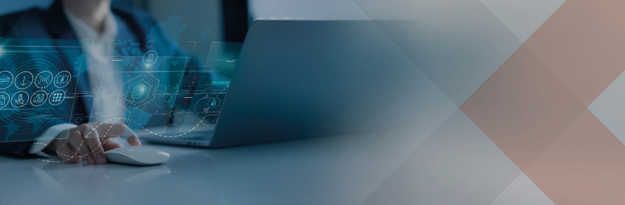 Eine Person, die an einem Laptop arbeitet und eine Maus bedient. Links neben dem Laptop sind digitale Symbole und Grafiken zu sehen, die auf Daten oder Netzwerke hindeuten. Der Hintergrund ist unscharf und zeigt ein X in Grau- und Rottönen.