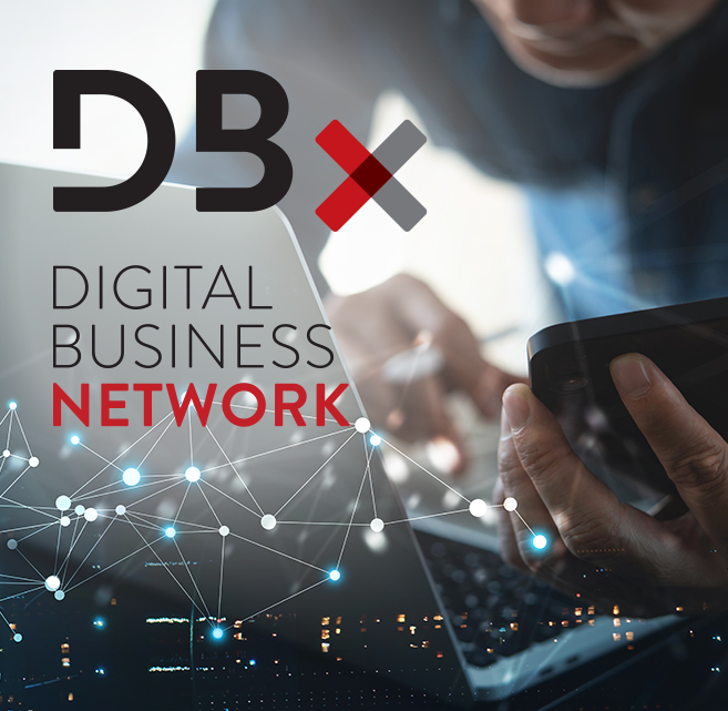 Ein Bild mit dem Text "DBX DIGITAL BUSINESS NETWORK" in großen Buchstaben. Das "X" in DBX ist hervorgehoben. Im Hintergrund ist eine Person an einem Laptop und einem Smartphone zu sehen, davor ein digitales Netzwerk aus leuchtenden Punkten und Linien.
