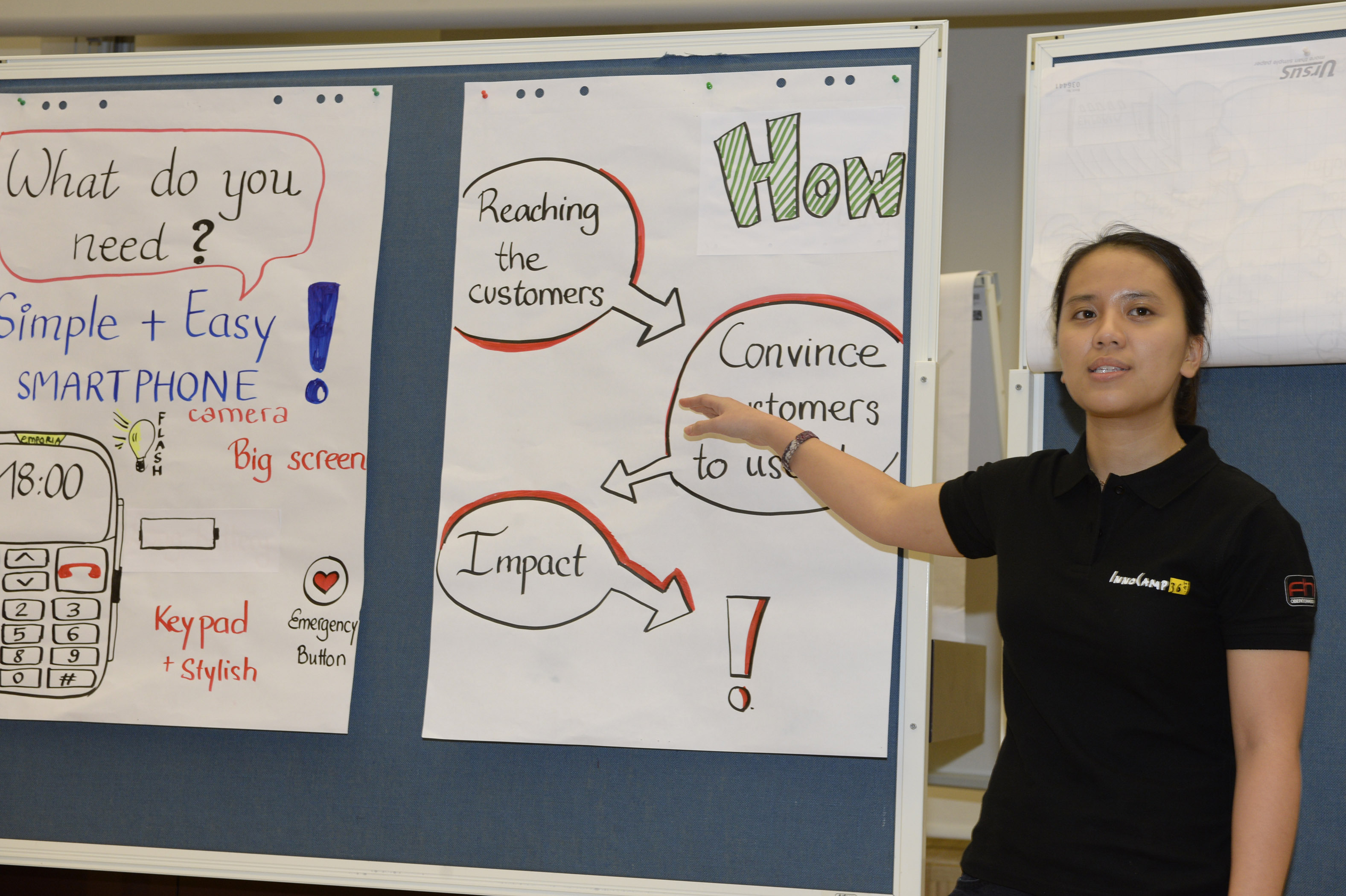 A student in a black T-shirt points to a pinboard with two flipcharts.