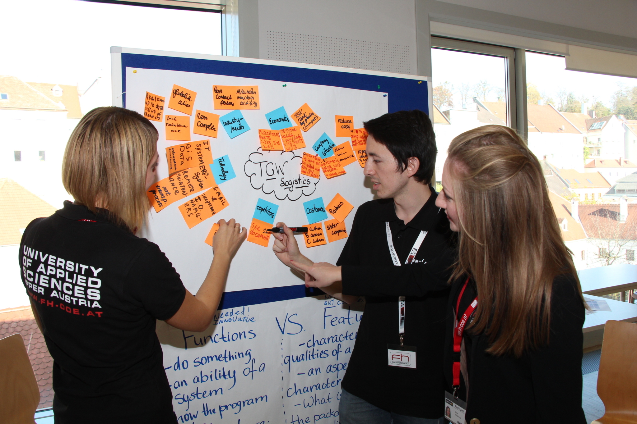 Two female and one male student work together on a brainstorming exercise for TGW Logistics, attaching coloured post-its to a poster.