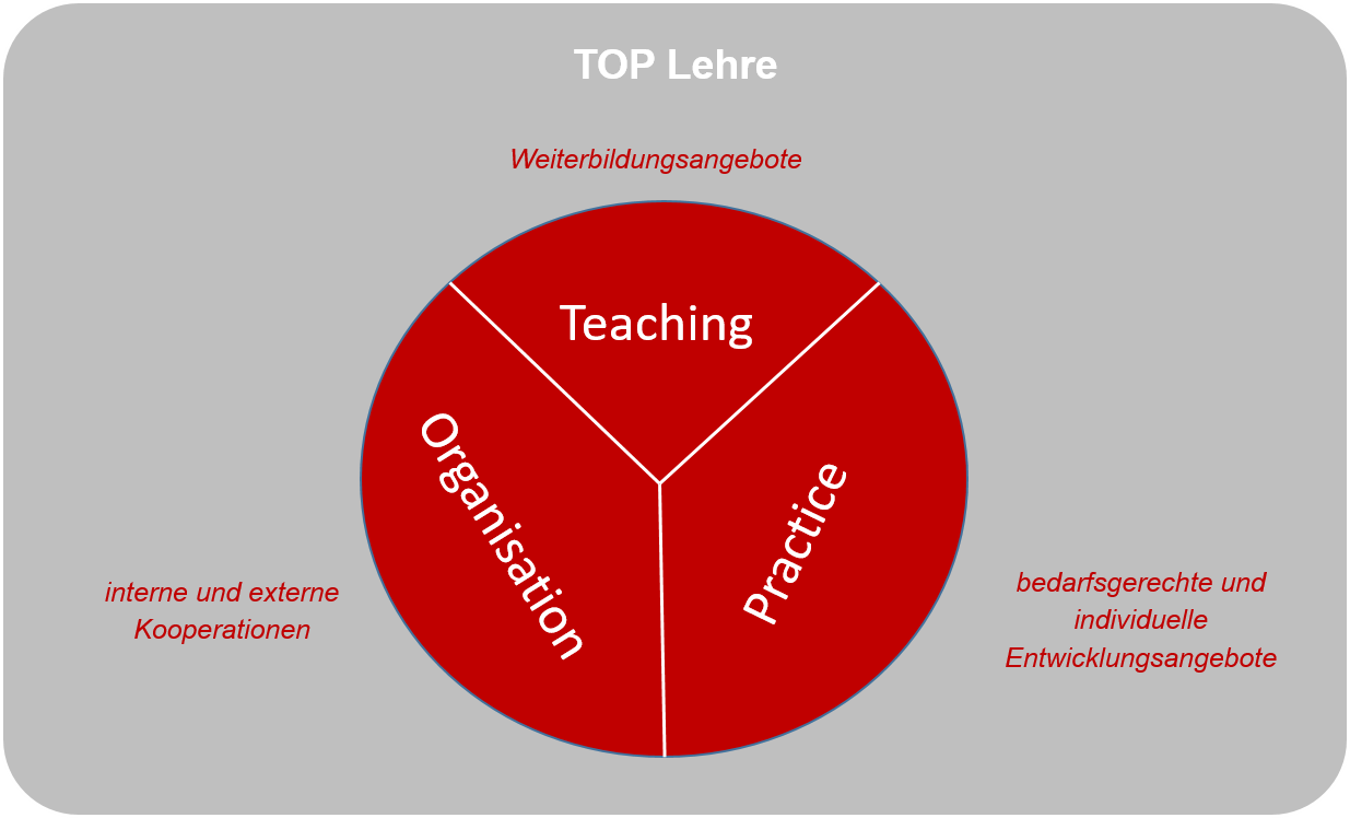 Zu sehen ist ein Tortendiagramm, welches die Inhalte von TOP Lehre, dem Zentrum für Hochschullehre der FH OÖ, zeigt: Teaching, Organisation and Practice.