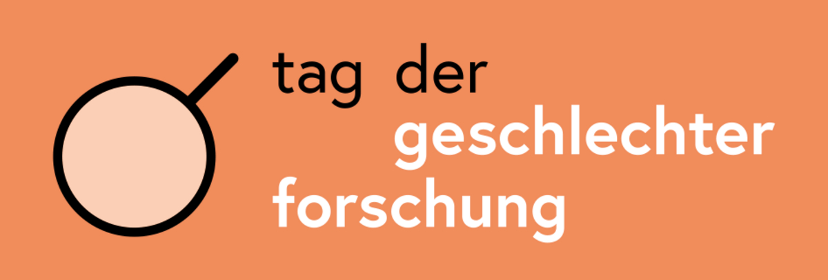 Ein oranger Banner, worauf eine Lupe abgebildet ist und daneben steht in Schwarz und Weiß: „tag der geschlechter forschung“