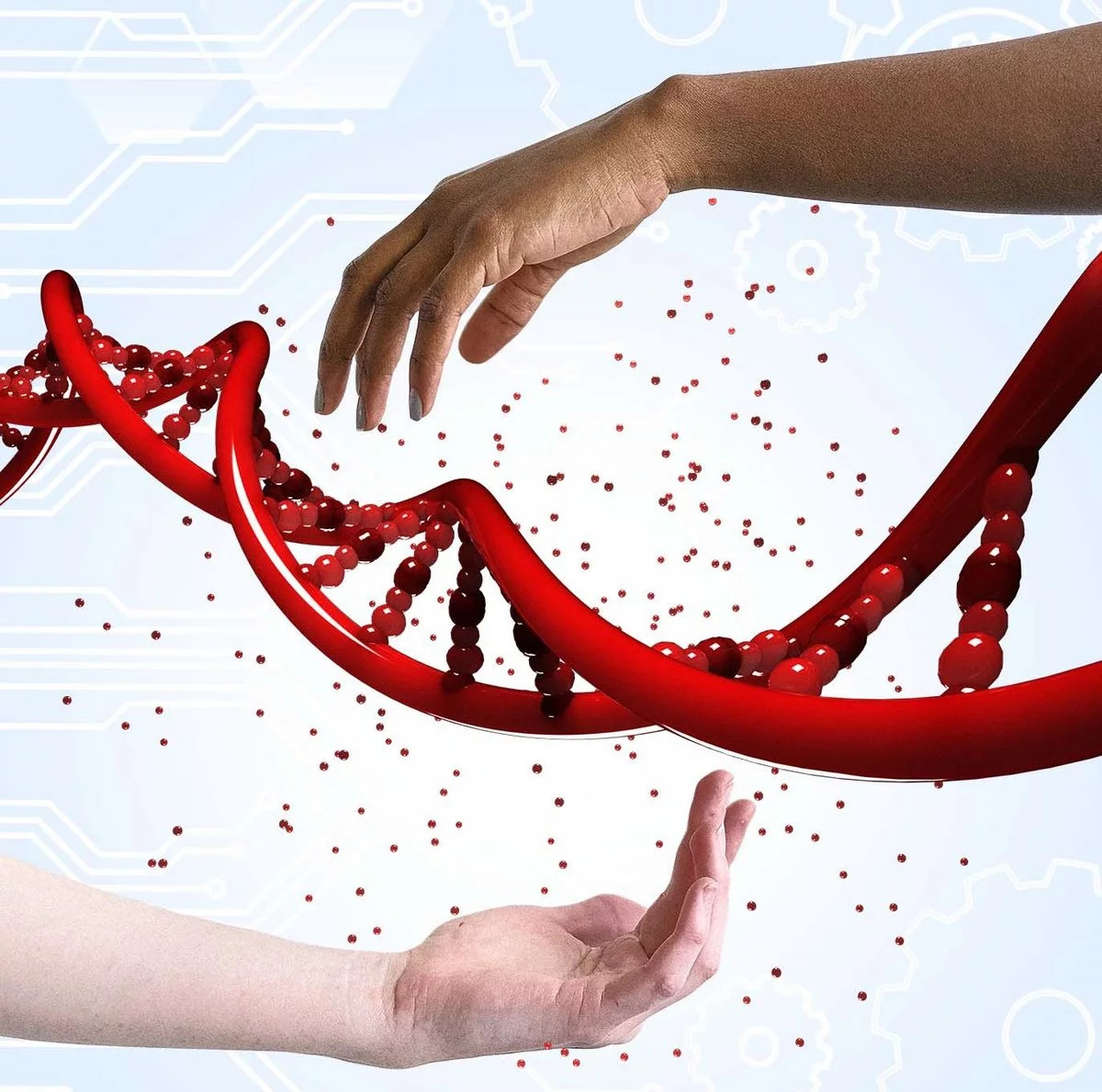 in der Mitte ist rote DNA und unten und oben im Bild sind Hände