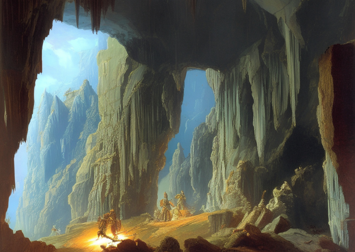 Eine riesige Kalksteinhöhle, wo das Licht etwas durchscheint. In der Höhle sind vier seltsame Gestalten.