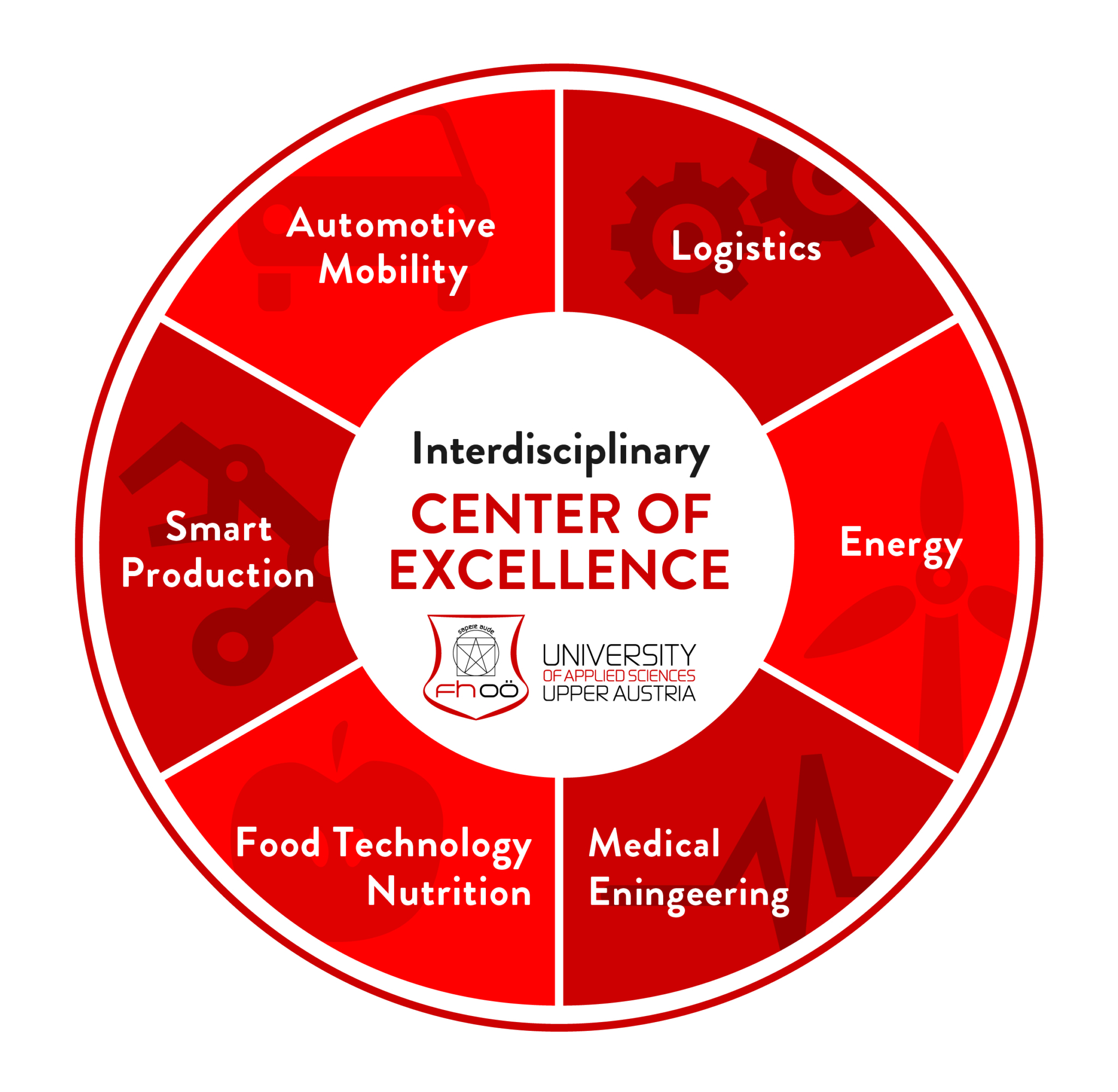 The logo of the "Center of Excellence". A circle divided into exactly six parts, one for each subject.